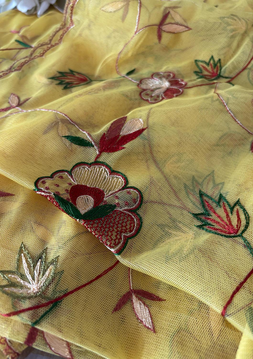 Yellow Hand Embroidered Net Dupatta With Parsi Convent Work - Luxurion World- Crafted Heirlooms