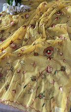 Yellow Hand Embroidered Net Dupatta With Parsi Convent Work - Luxurion World- Crafted Heirlooms