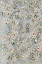 Off White Embroidered Parsi Convent Work Net Flower Design Dupatta - Luxurion World- Crafted Heirlooms