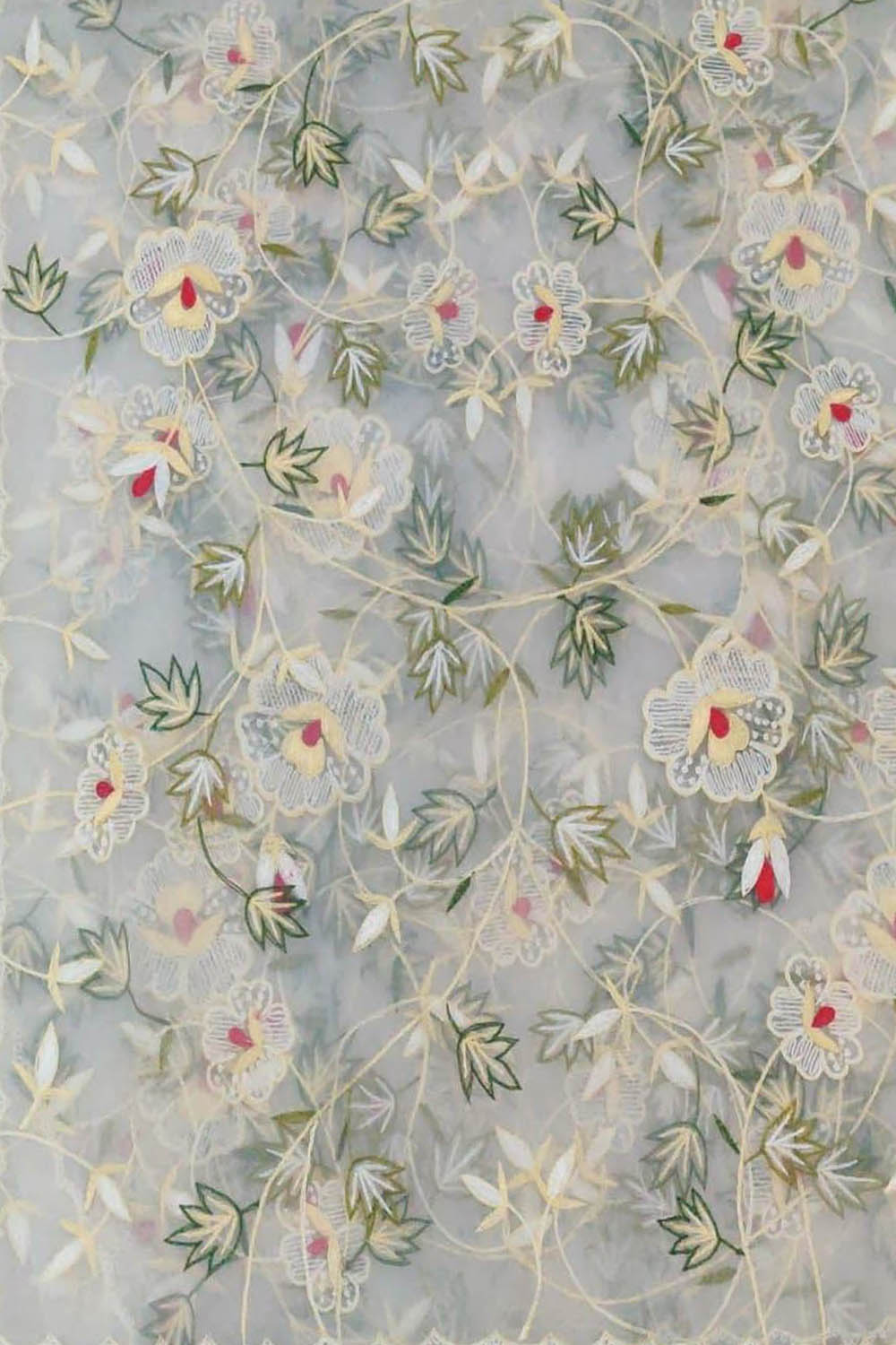 Off White Embroidered Parsi Convent Work Net Flower Design Dupatta - Luxurion World- Crafted Heirlooms