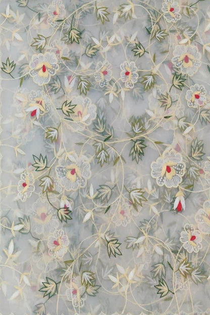 Off White Embroidered Parsi Convent Work Net Flower Design Dupatta - Luxurion World