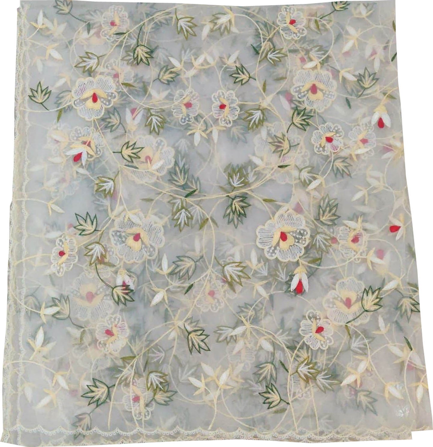 Off White Embroidered Parsi Convent Work Net Flower Design Dupatta - Luxurion World