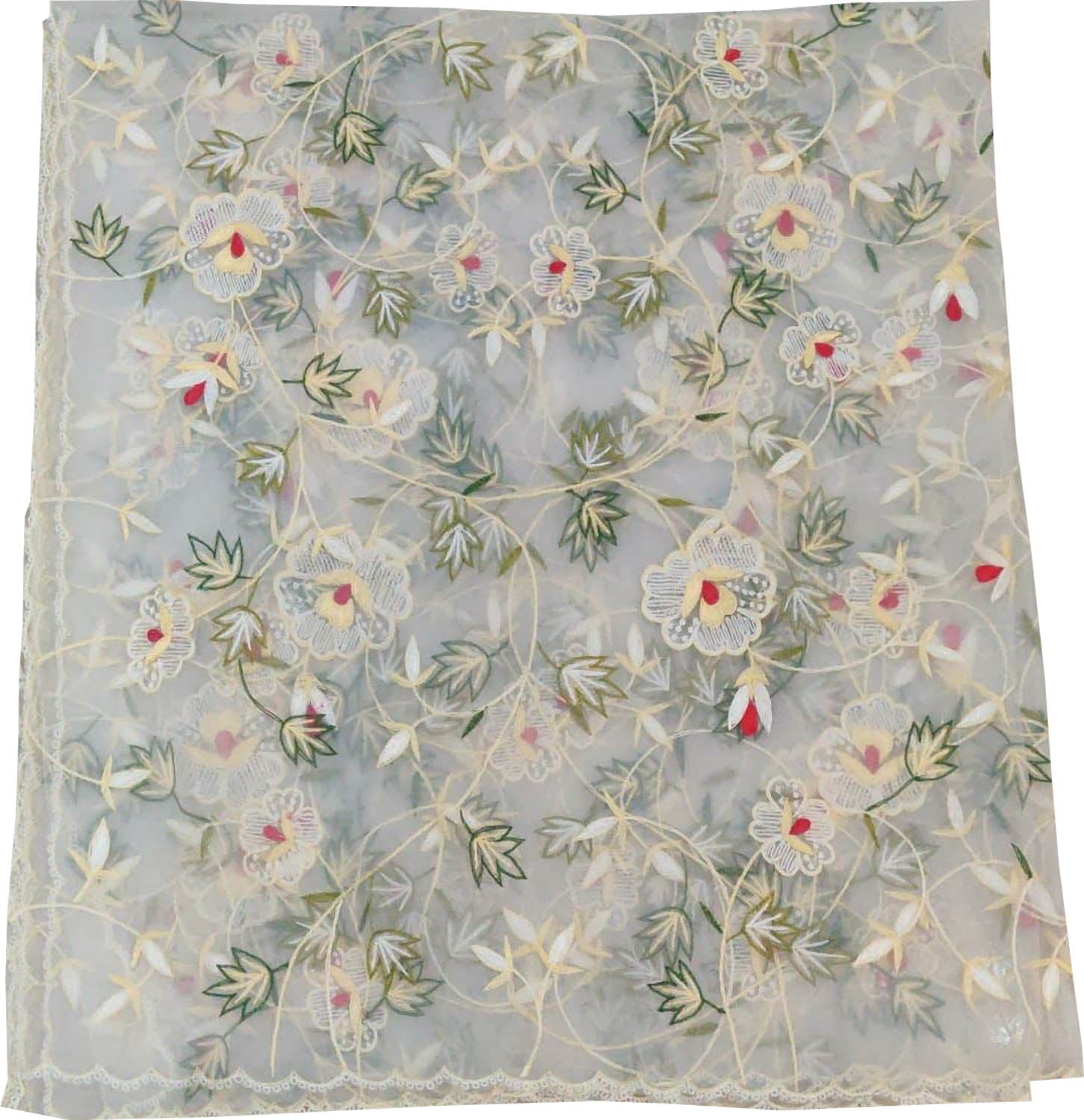 Off White Embroidered Parsi Convent Work Net Flower Design Dupatta - Luxurion World- Crafted Heirlooms