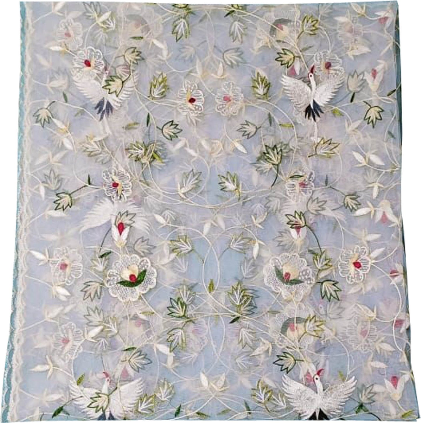 Off White Embroidered Flower Design Parsi Convent Work Net Dupatta - Luxurion World
