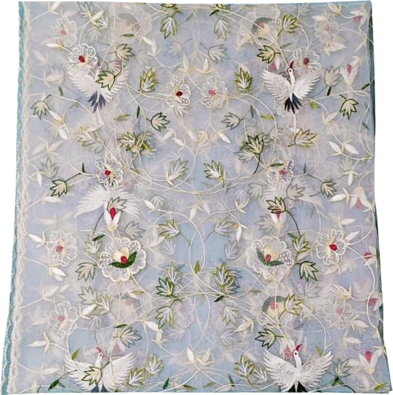 Off White Embroidered Flower Design Parsi Convent Work Net Dupatta - Luxurion World- Crafted Heirlooms