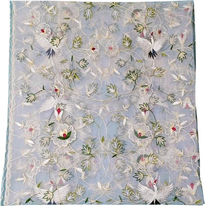 Off White Embroidered Flower Design Parsi Convent Work Net Dupatta - Luxurion World