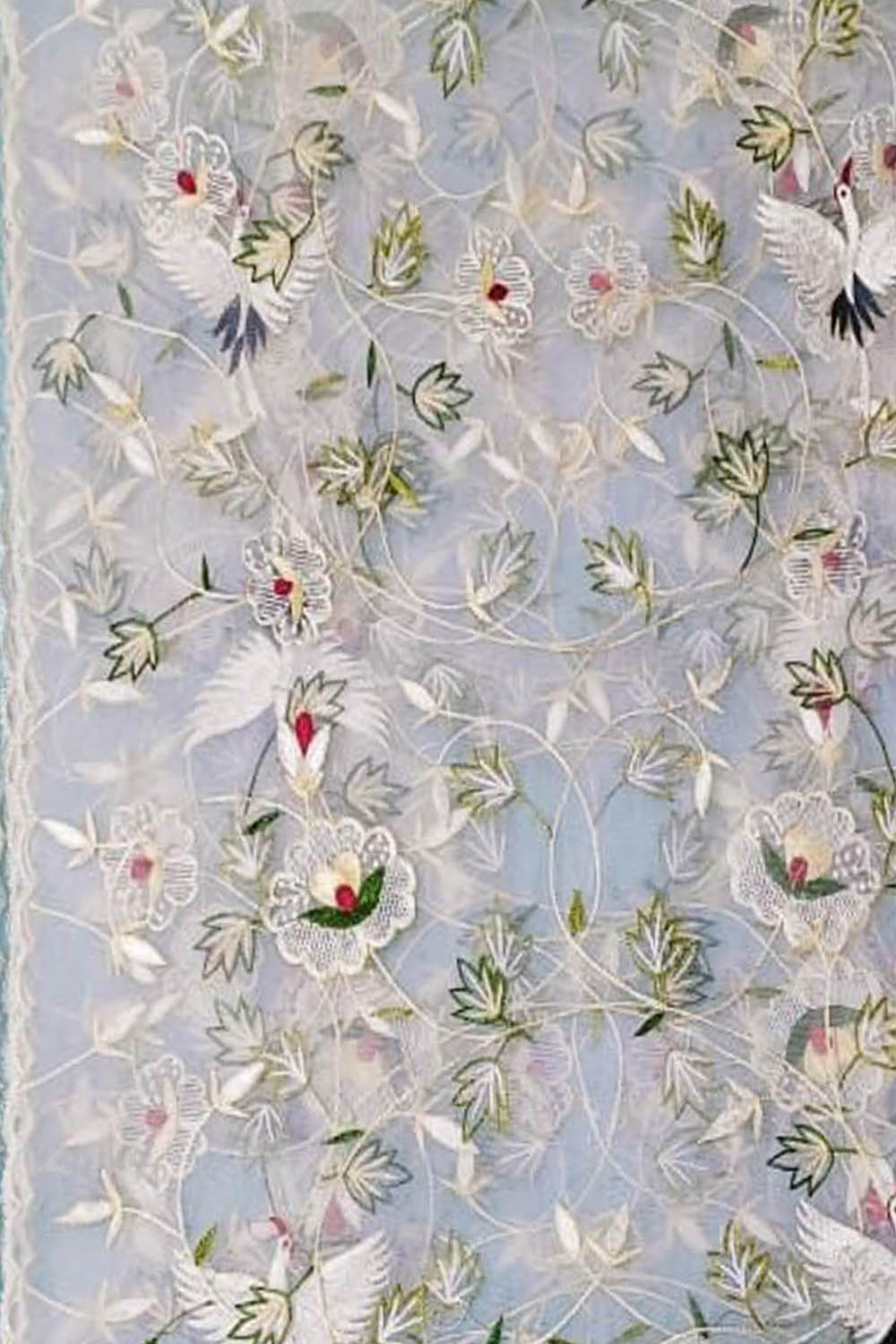 Off White Embroidered Flower Design Parsi Convent Work Net Dupatta - Luxurion World- Crafted Heirlooms