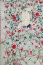 Off White Embroidered Flower And Bird Design Parsi Convent Work Net Dupatta - Luxurion World- Crafted Heirlooms