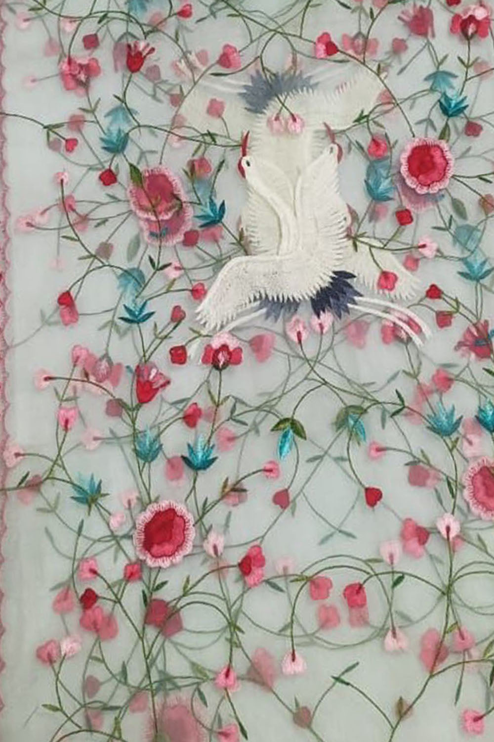 Off White Embroidered Flower And Bird Design Parsi Convent Work Net Dupatta - Luxurion World- Crafted Heirlooms