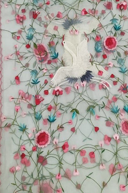 Off White Embroidered Flower And Bird Design Parsi Convent Work Net Dupatta - Luxurion World