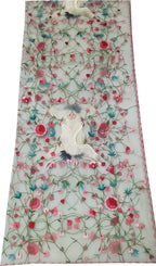 Off White Embroidered Flower And Bird Design Parsi Convent Work Net Dupatta - Luxurion World- Crafted Heirlooms