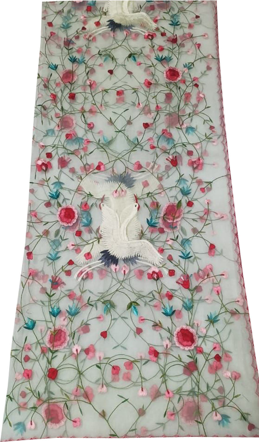 Off White Embroidered Flower And Bird Design Parsi Convent Work Net Dupatta - Luxurion World- Crafted Heirlooms