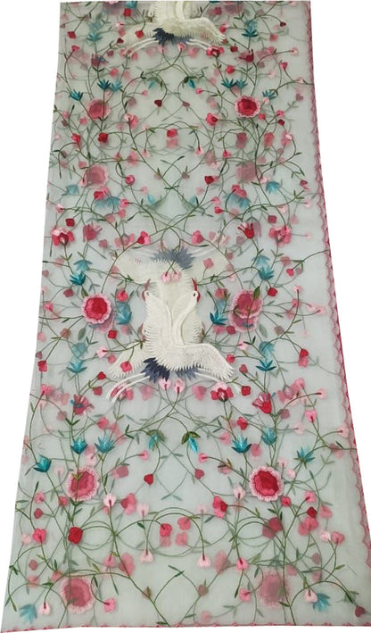 Off White Embroidered Flower And Bird Design Parsi Convent Work Net Dupatta - Luxurion World