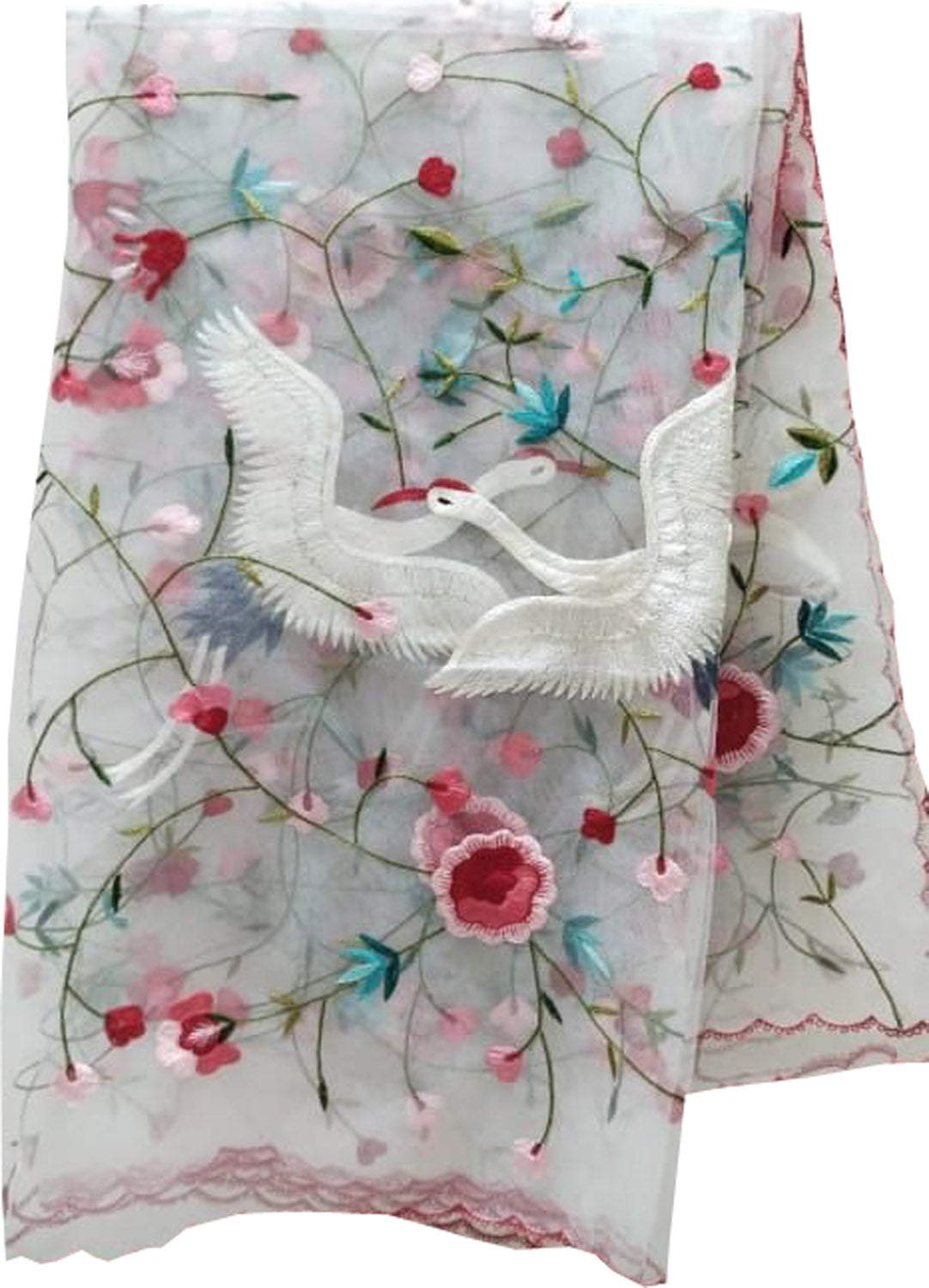 Off White Embroidered Flower And Bird Design Parsi Convent Work Net Dupatta - Luxurion World- Crafted Heirlooms