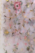 Pink Embroidered Flower Design Parsi Convent Work Net Dupatta - Luxurion World- Crafted Heirlooms