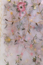 Pink Embroidered Flower Design Parsi Convent Work Net Dupatta - Luxurion World- Crafted Heirlooms