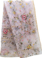 Pink Embroidered Flower Design Parsi Convent Work Net Dupatta - Luxurion World- Crafted Heirlooms