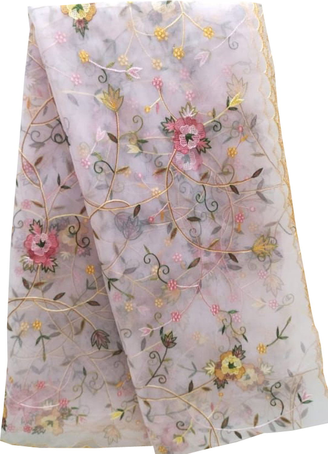 Pink Embroidered Flower Design Parsi Convent Work Net Dupatta - Luxurion World- Crafted Heirlooms