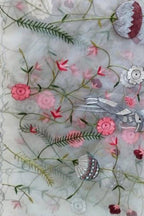 Grey Embroidered Flower Design Parsi Convent Work Net Dupatta - Luxurion World- Crafted Heirlooms