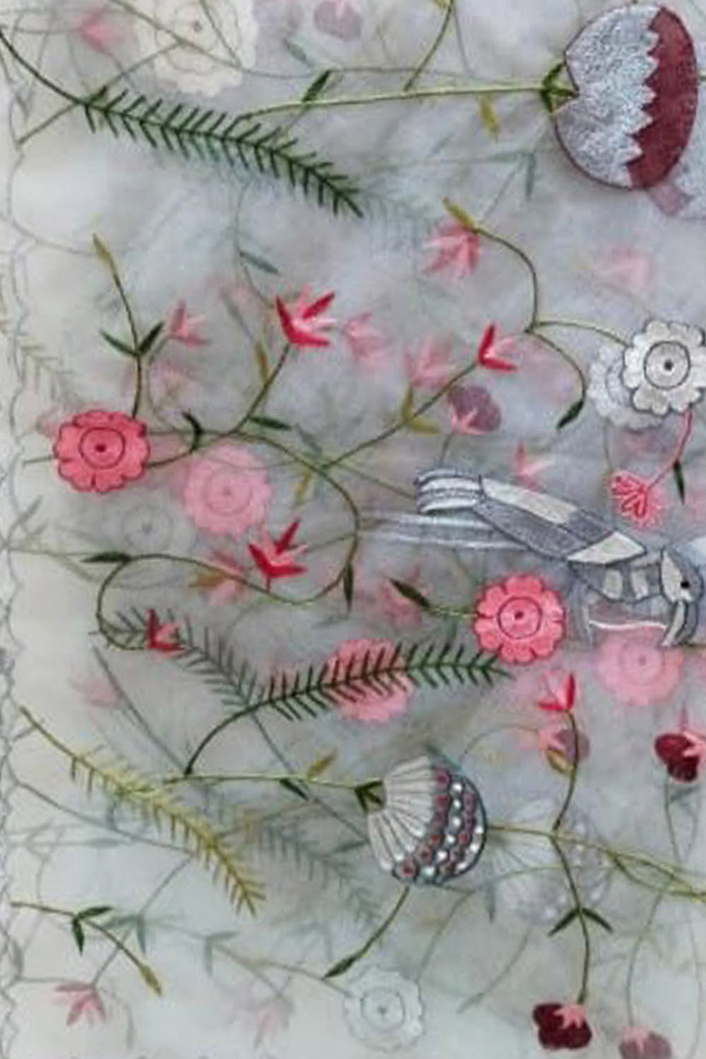 Grey Embroidered Flower Design Parsi Convent Work Net Dupatta - Luxurion World- Crafted Heirlooms
