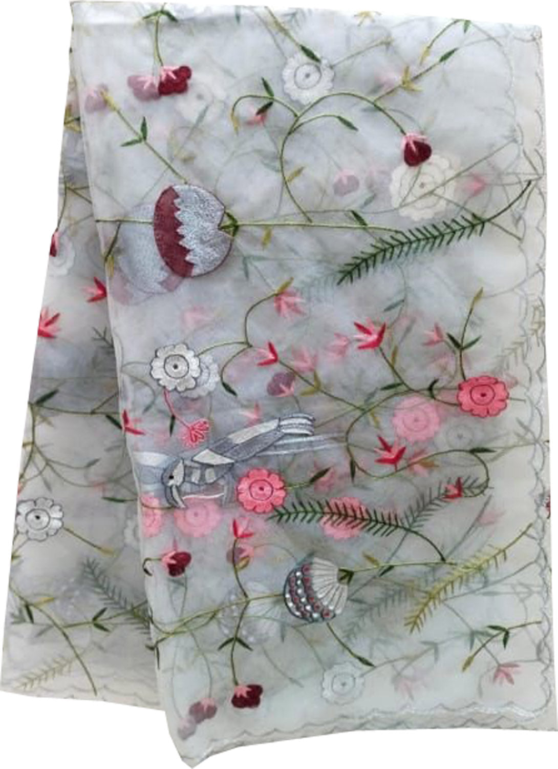 Grey Embroidered Flower Design Parsi Convent Work Net Dupatta - Luxurion World- Crafted Heirlooms