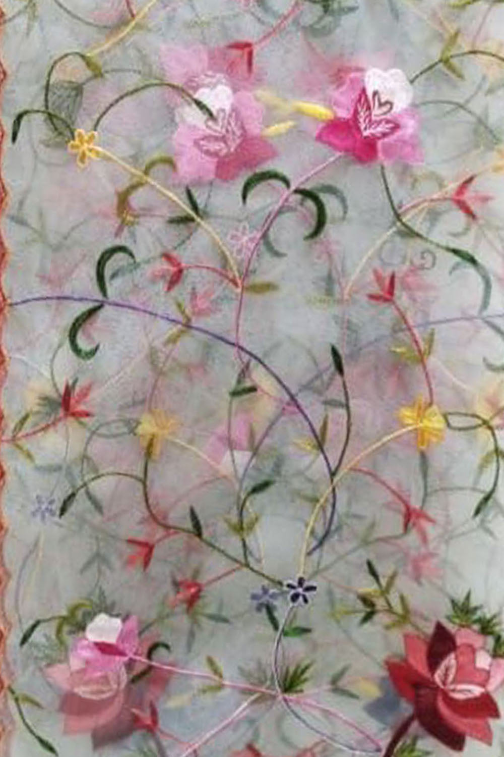 Off White Embroidered Flower Design Parsi Convent Work Net Dupatta - Luxurion World- Crafted Heirlooms