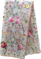 Off White Embroidered Flower Design Parsi Convent Work Net Dupatta - Luxurion World- Crafted Heirlooms