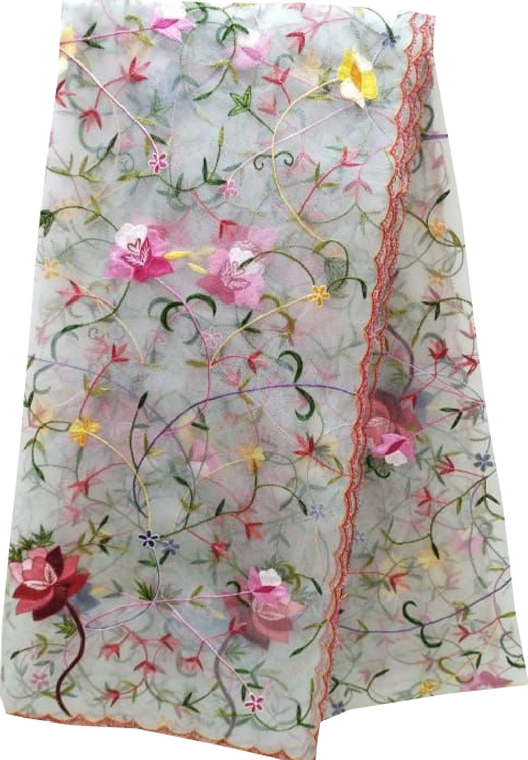 Off White Embroidered Flower Design Parsi Convent Work Net Dupatta - Luxurion World- Crafted Heirlooms