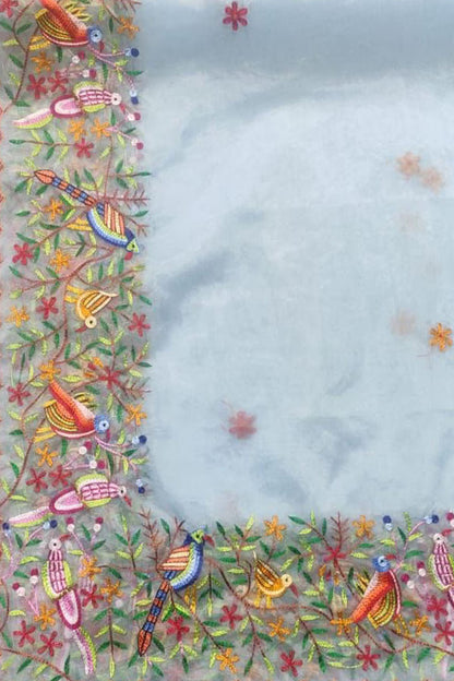 Blue Embroidered Flower And Bird Design Parsi Convent Work Net Dupatta - Luxurion World