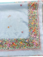 Blue Embroidered Flower And Bird Design Parsi Convent Work Net Dupatta - Luxurion World- Crafted Heirlooms