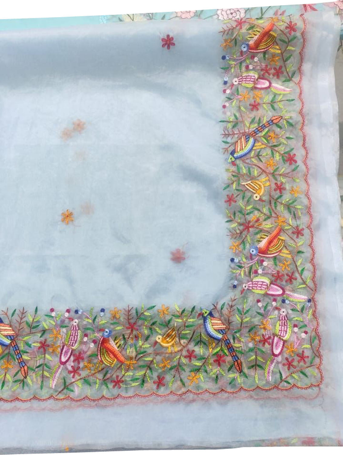 Blue Embroidered Flower And Bird Design Parsi Convent Work Net Dupatta - Luxurion World- Crafted Heirlooms