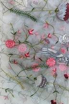 Grey Embroidered Flower And Bird Design Parsi Convent Work Net Dupatta - Luxurion World- Crafted Heirlooms