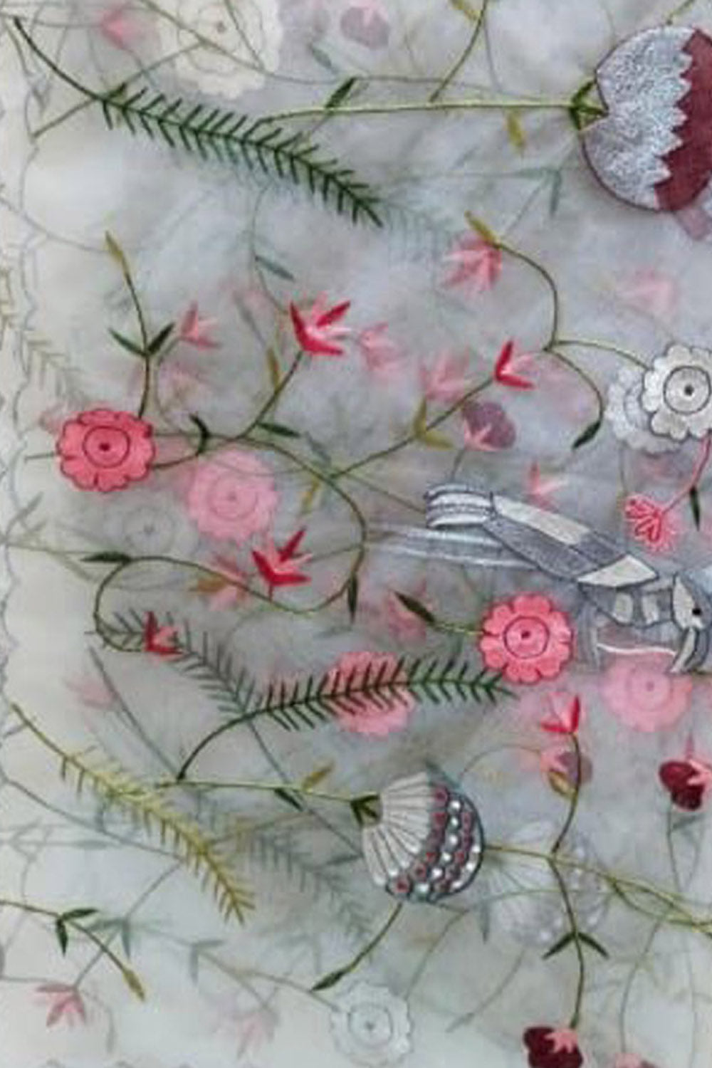 Grey Embroidered Flower And Bird Design Parsi Convent Work Net Dupatta - Luxurion World- Crafted Heirlooms