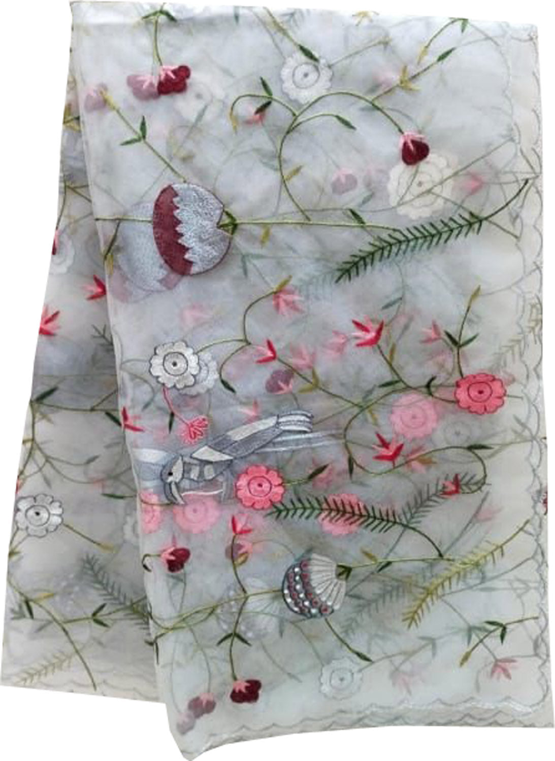 Grey Embroidered Flower And Bird Design Parsi Convent Work Net Dupatta - Luxurion World- Crafted Heirlooms