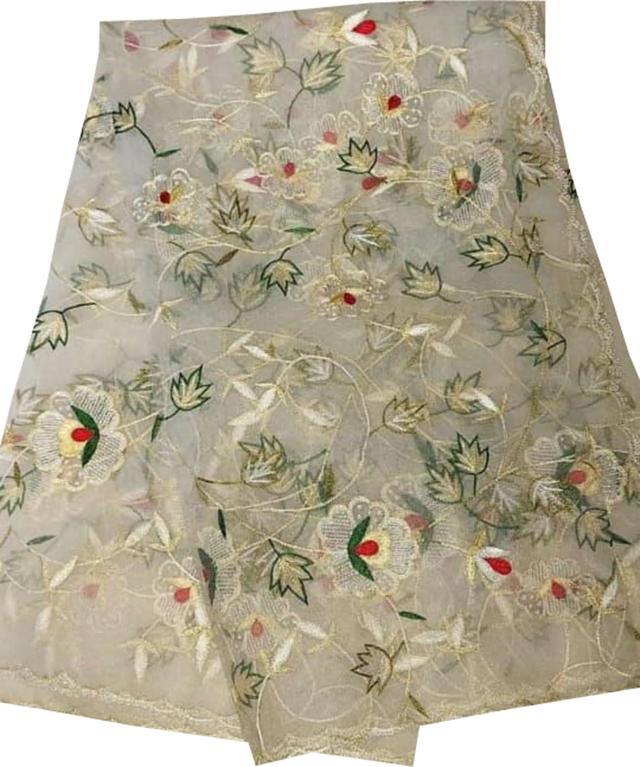 Pastel Embroidered Flower Design Parsi Convent Work Net Dupatta - Luxurion World- Crafted Heirlooms