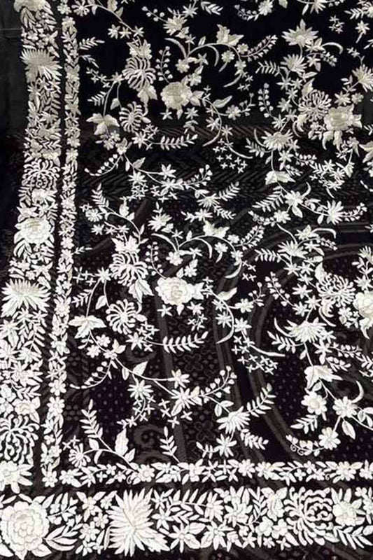 Exquisite Black Parsi Hand Embroidered Pure Georgette Dupatta - Luxurion World