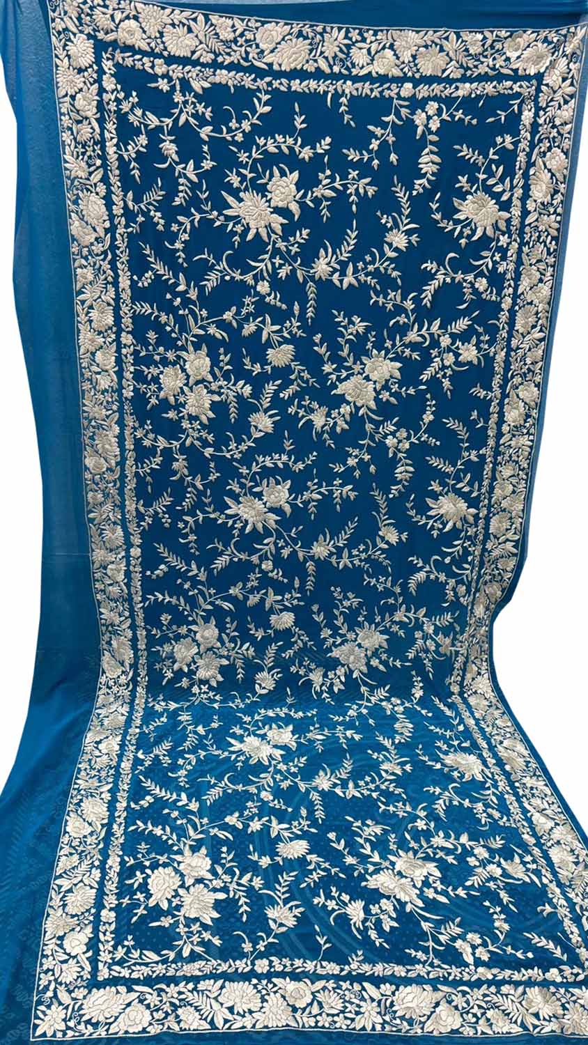 Exquisite Blue Parsi Hand Embroidered Pure Georgette Dupatta - Luxurion World