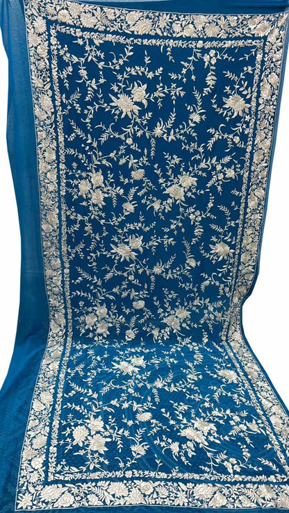 Exquisite Blue Parsi Hand Embroidered Pure Georgette Dupatta - Luxurion World
