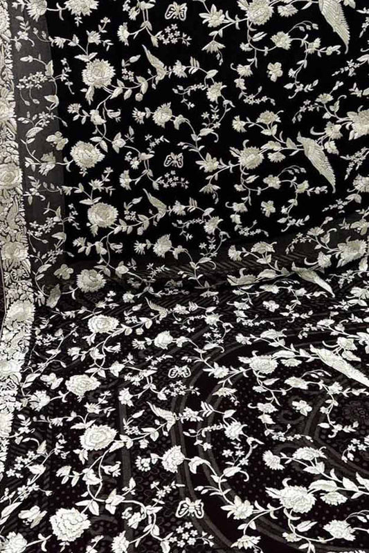 Exquisite Black Parsi Hand Embroidered Pure Georgette Dupatta - Luxurion World