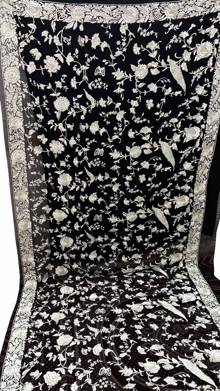 Exquisite Black Parsi Hand Embroidered Pure Georgette Dupatta - Luxurion World