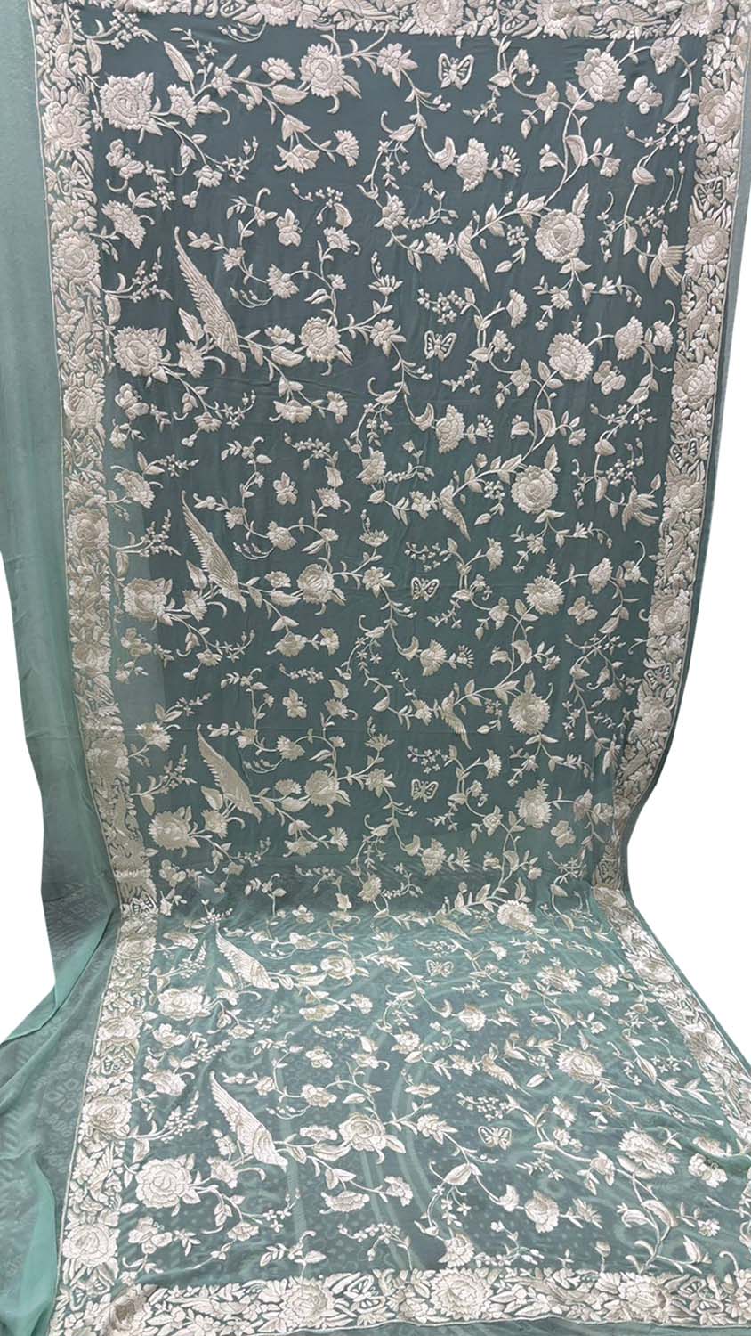 Exquisite Pastel Parsi Hand Embroidered Pure Georgette Dupatta - Luxurion World