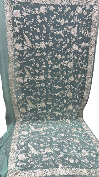 Exquisite Pastel Parsi Hand Embroidered Pure Georgette Dupatta - Luxurion World