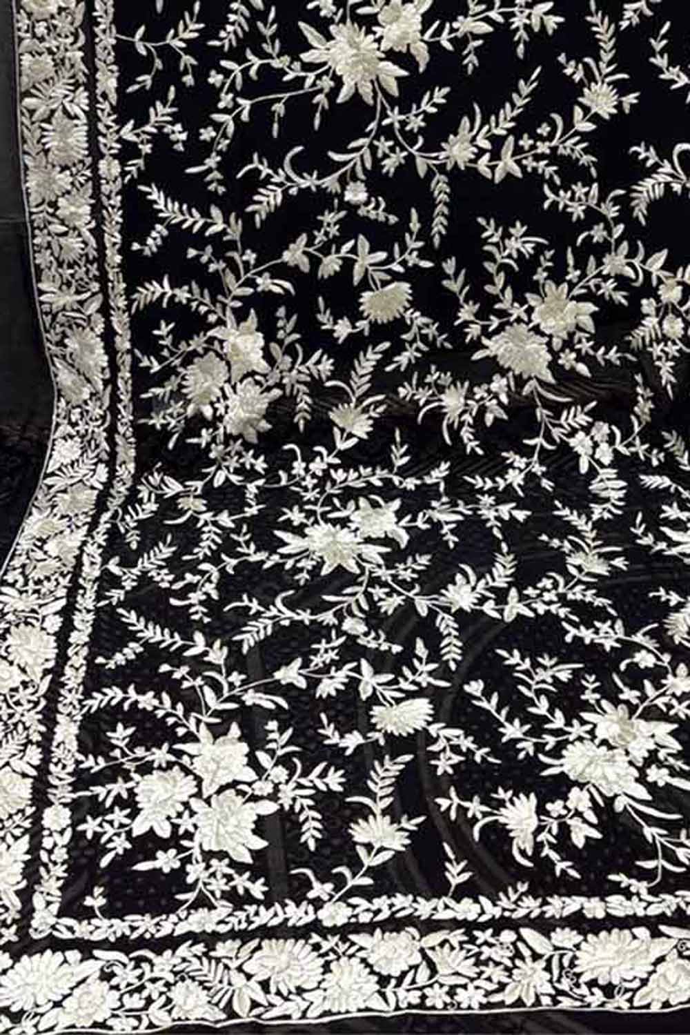 Exquisite Black Parsi Hand Embroidered Pure Georgette Dupatta - Luxurion World