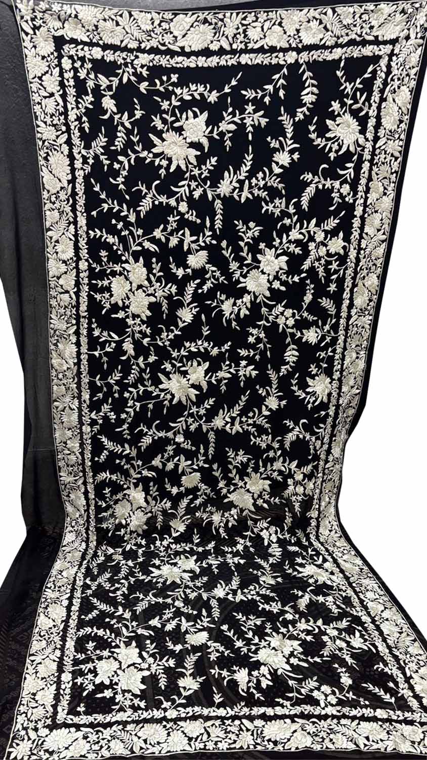 Exquisite Black Parsi Hand Embroidered Pure Georgette Dupatta - Luxurion World