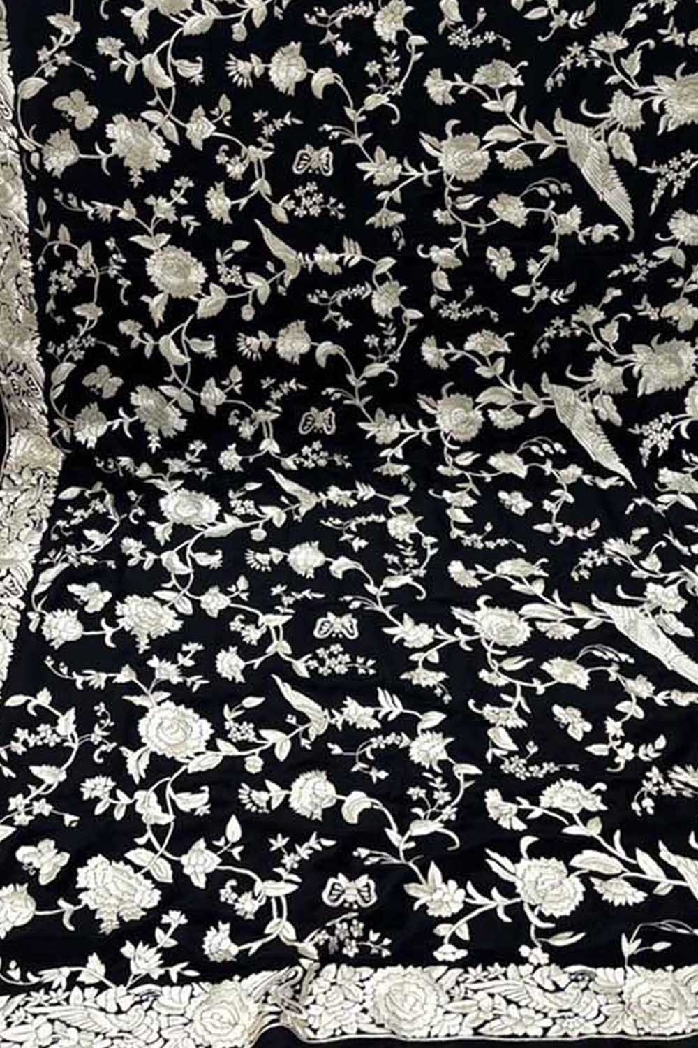 Exquisite Black Parsi Hand Embroidered Pure Georgette Dupatta - Luxurion World