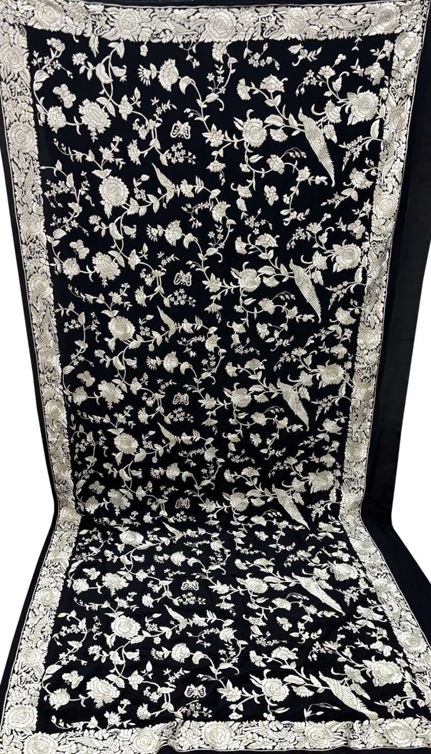 Exquisite Black Parsi Hand Embroidered Pure Georgette Dupatta - Luxurion World