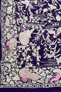 Blue Parsi Gara Hand Embroidered Pure Crepe Bird Design Dupatta - Luxurion World