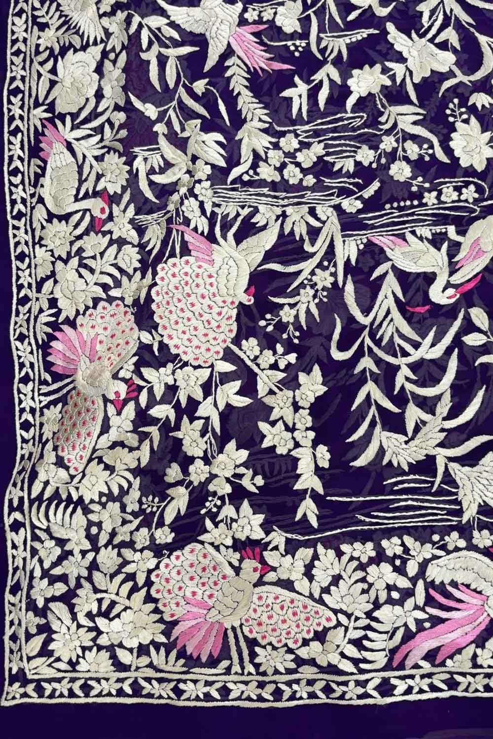 Blue Parsi Gara Hand Embroidered Pure Crepe Bird Design Dupatta - Luxurion World