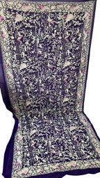 Blue Parsi Gara Hand Embroidered Pure Crepe Bird Design Dupatta - Luxurion World