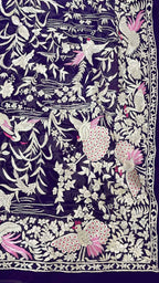 Blue Parsi Gara Hand Embroidered Pure Crepe Bird Design Dupatta - Luxurion World